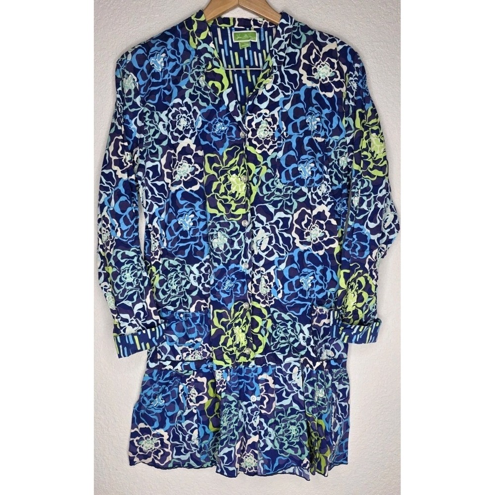 Vintage Vera Bradley Shirt Dress Women M Blue Green Floral Button Up Cuff Sleeve